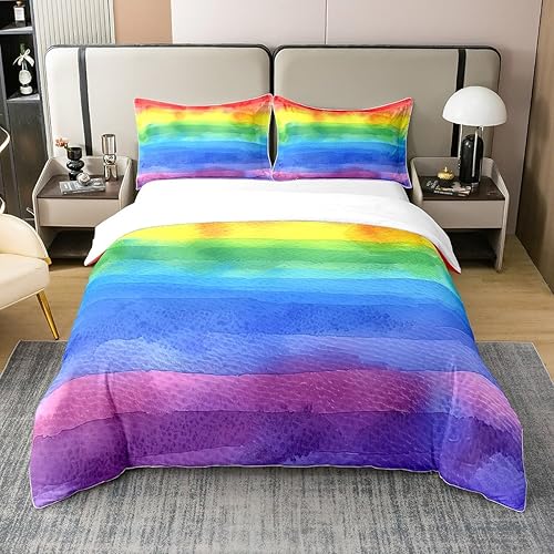 Juego de funda de edredón 100% de algodón natural para niñas, diseño de arco iris, tamaño matrimonial, juego de ropa de cama abstracta de acuarela,