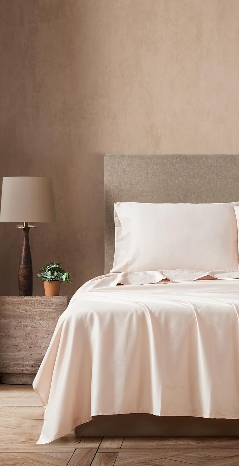 Linen Closet 4 Pcs Cotton Blend King Size Sheets Set, Peach, 300 Thread Count, Smooth Sateen Weave, Deep Pocket Fitted Sheet, Fits Up to 18" Mattresses, Soft Bed Sheets Set, Juego De Sábanas King