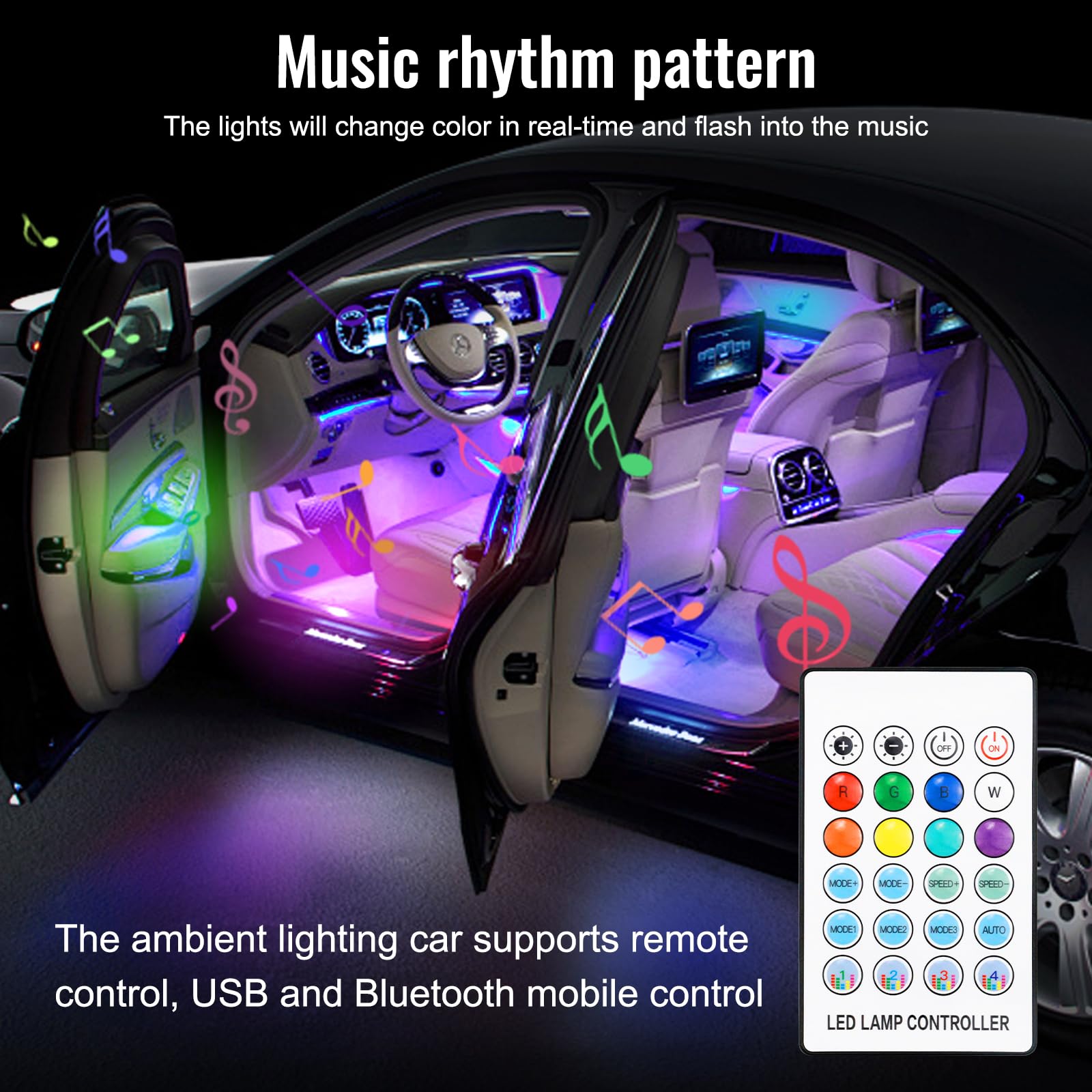 Illuminazione d'atmosfera dell'automobile, 2 In 1 Fibra Ottica Auto Interni, 110 Cm+35 Cm Luci Led Auto Interno, Led Macchina Interni Con 220 Modalità Dinamiche