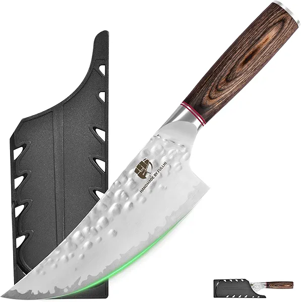 FULLHI Hammered Blade Kitchen Knife with Guard, Non-stick Chef's Knives, Pakka Wood Handle Japanese Knife, Premium German Stainless Steel Kitchen Knives with Sheath (6.8" Butcher Knife)
