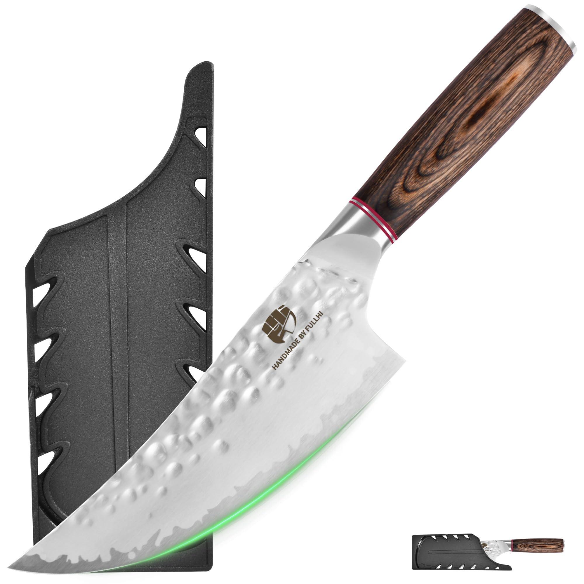 FULLHI Coltello da cucina a lama martellata con protezione, coltelli da chef antiaderenti, coltello giapponese con manico in legno Pakka, coltelli da cucina in acciaio inox con fodero (170mm)