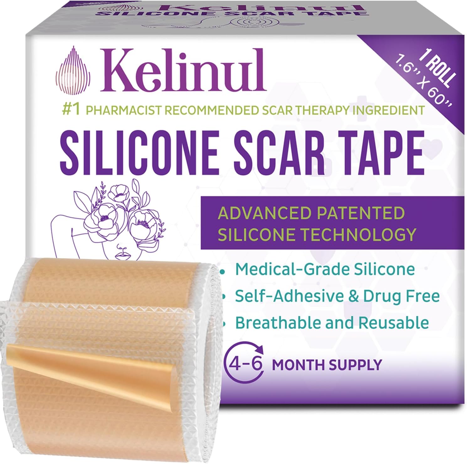 Silicone Scar Sheets(1.6' x 60'Roll-1.5M) Soft Silicone Gel Scar Tape Painless Silicone Tape Roll - Reusable, Medical Grade Silicone Scar Removal Strips for C-Section & Keloid Surgery, Burn, Acne