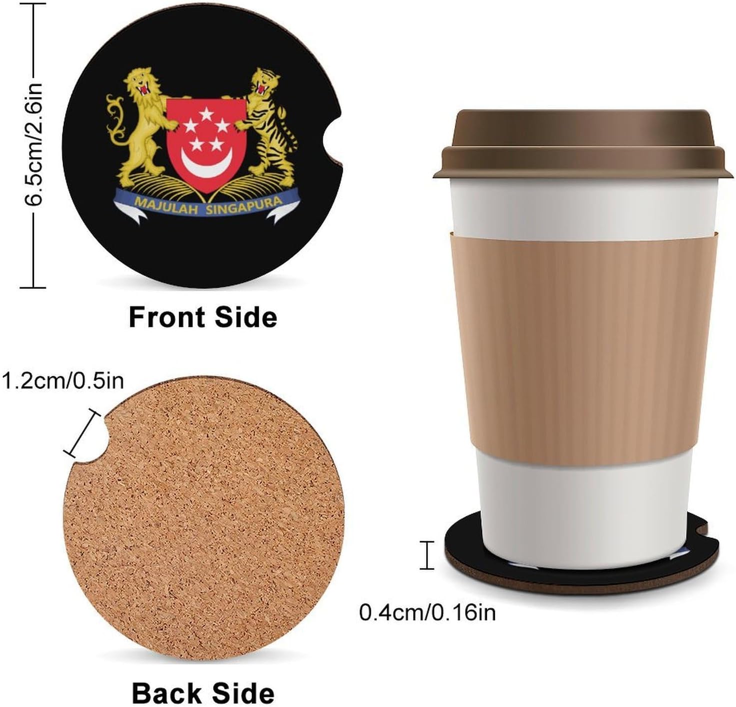 Singaporeans Singapore National Emblem Car Cup Holder Coaster with Cork Base 2.6 Inches Anti Slip