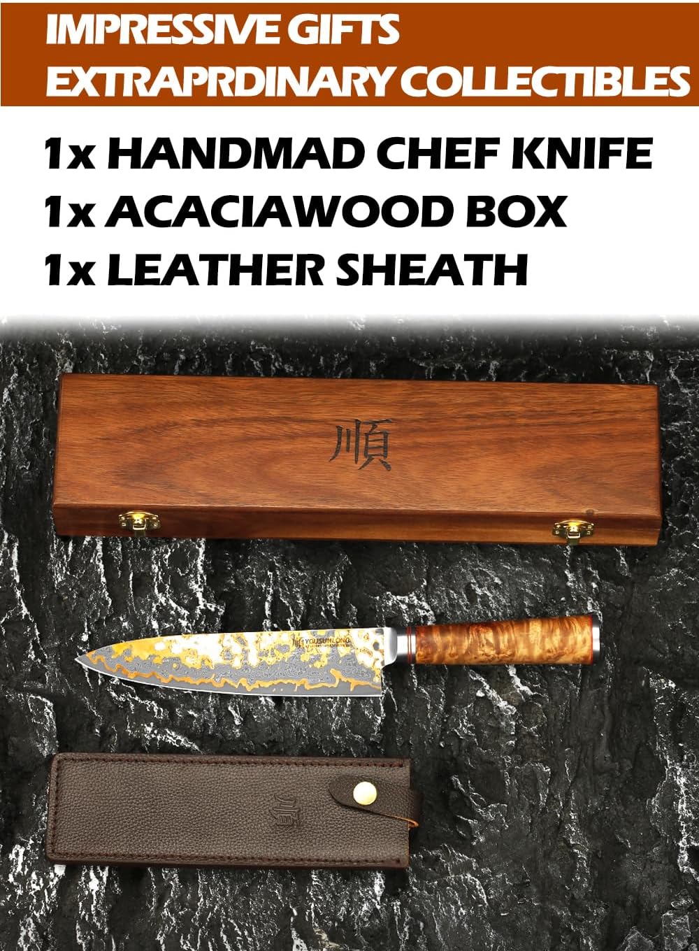 YOUSUNLONG Chef Knife - 8'' Blade Japanese Handmade Copper Damascus Steel - Professional Chef's Knife - Razor Sharp Slicing Knife - Naturel Burl Wooden Handle with Leather and Acacia Wood Box