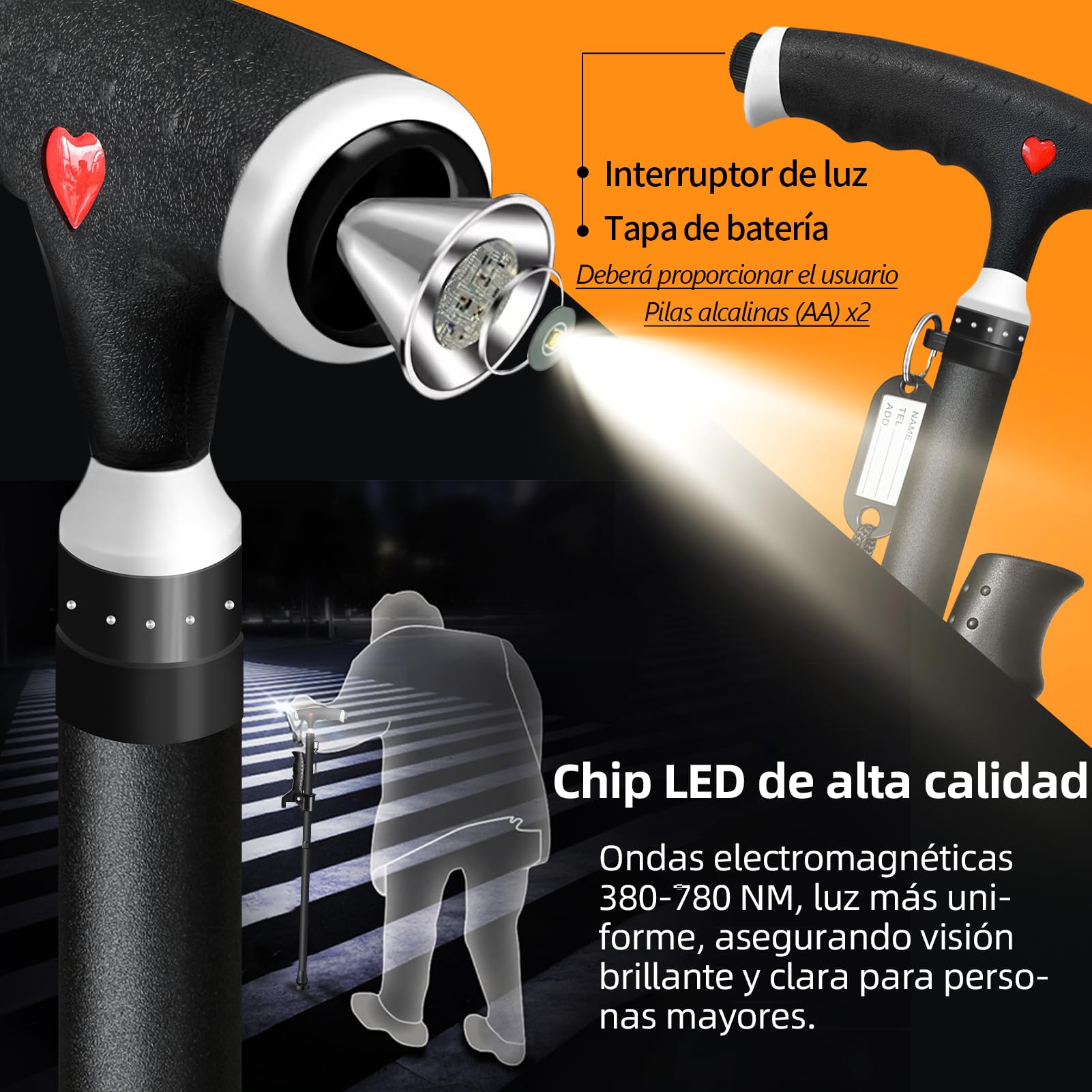 Bastón ajustable para hombre y mujer, con doble mango, ajustable, con luz LED, para personas mayores y personas con diferentes tipos de artritis