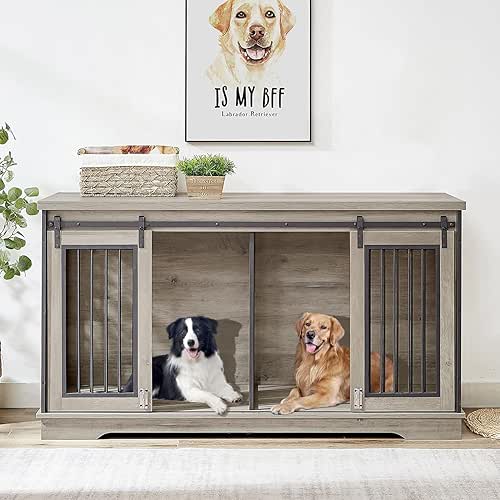 Rovibek 61'' Double Dog Crate Furniture for 2 Dogs, Large