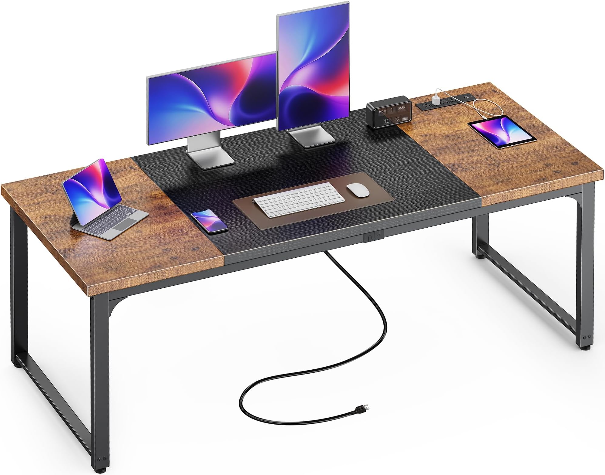 Huuger63 Inch Desk with Power Outlets & USB-C, Deeper & Thicker Desktop, Robust Metal Tubes, Computer Desk, Heavy Duty Office Desk, Gaming Desk for Home Office, Rutsic Brown and Black