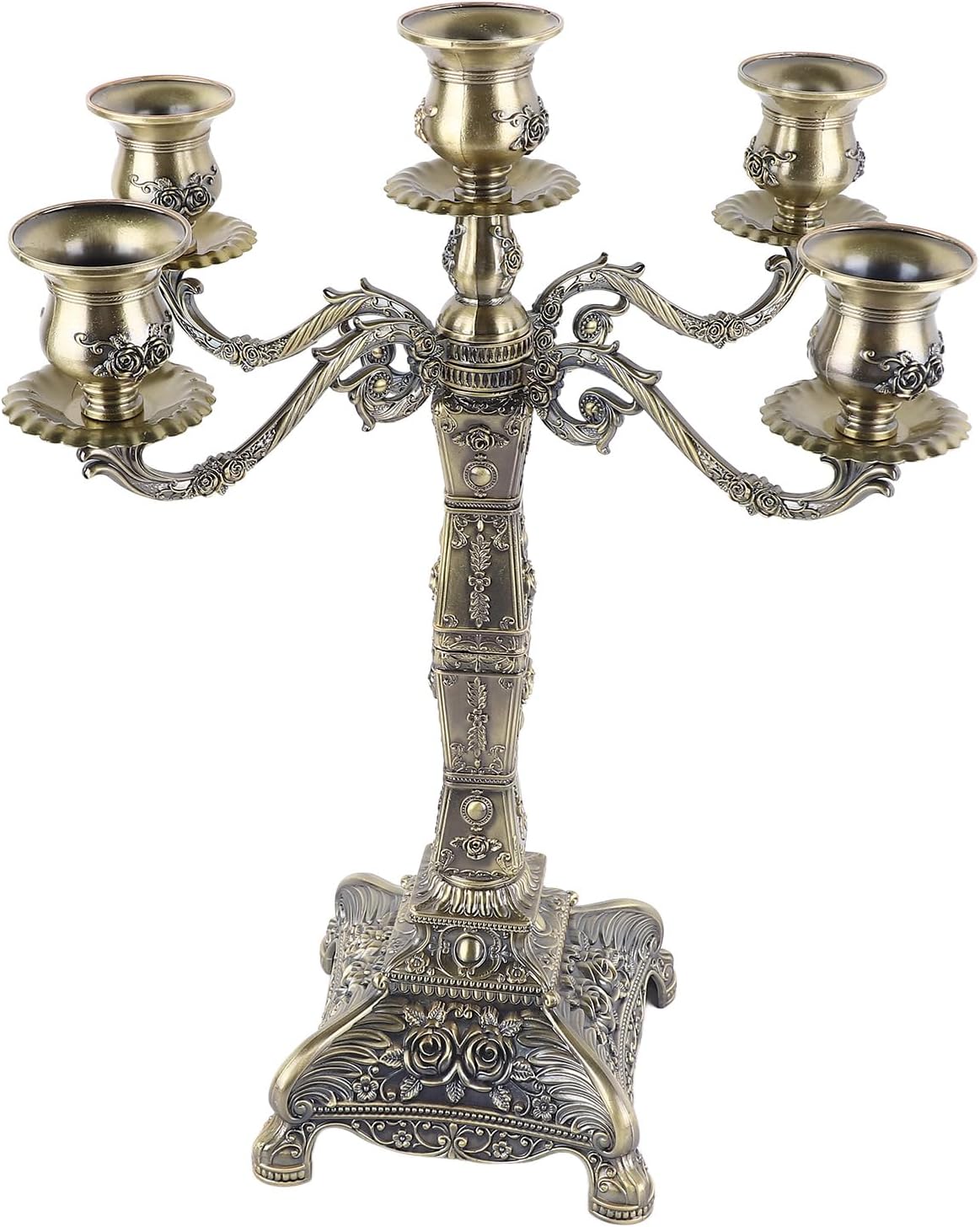 Metal Arms Candelabra, Vintage Candlestick Holder, European Style Retro Candle Holder with Pillar Design, Romantic Decoration for Wedding Dinner Party Home (Bronze Five Heads)