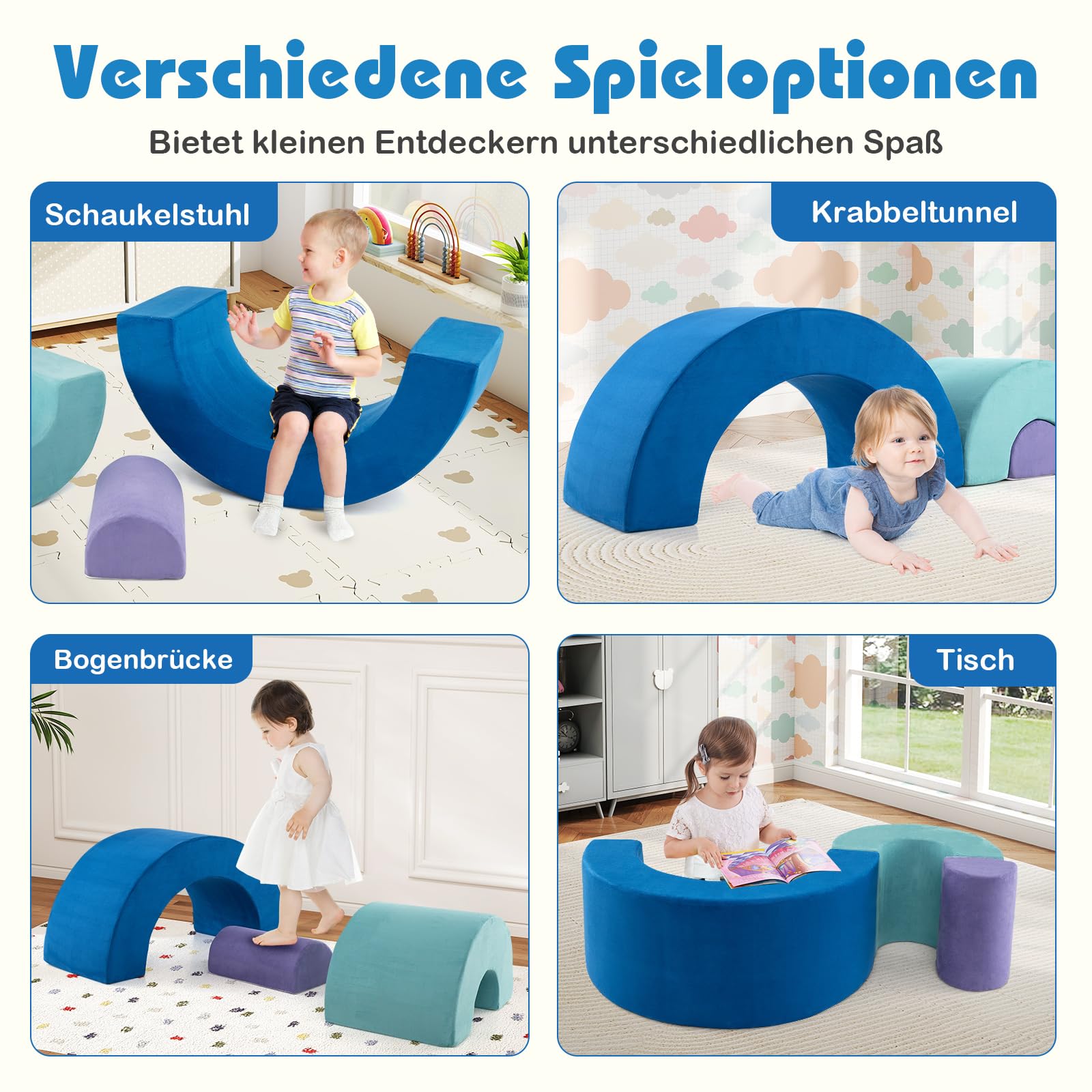 COSTWAY 3-TLG. Softbausteine, Schaumstoffbausteine zum Klettern und Krabbeln für Babys, Kletterbogen, Riesenbausteine aus Schaumstoff, Großbausteine für den Innenbereich (Blau)