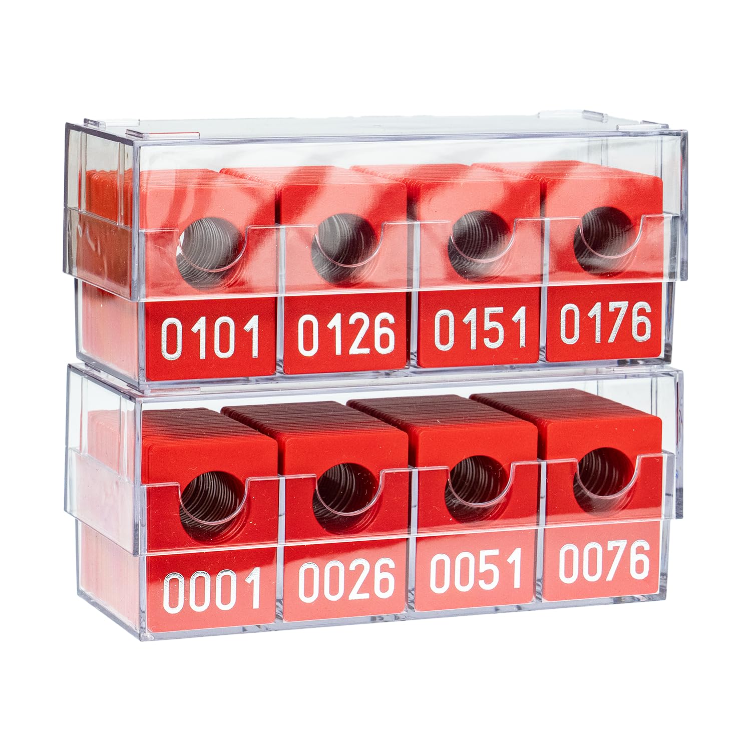 5 Stück leere Aufbewahrungsboxen für Geprägte Garderobenmarken, transparent Kunststoff, Rechteckig, 170 x 68 x 63 mm, 4 Fächer, Stapelbar