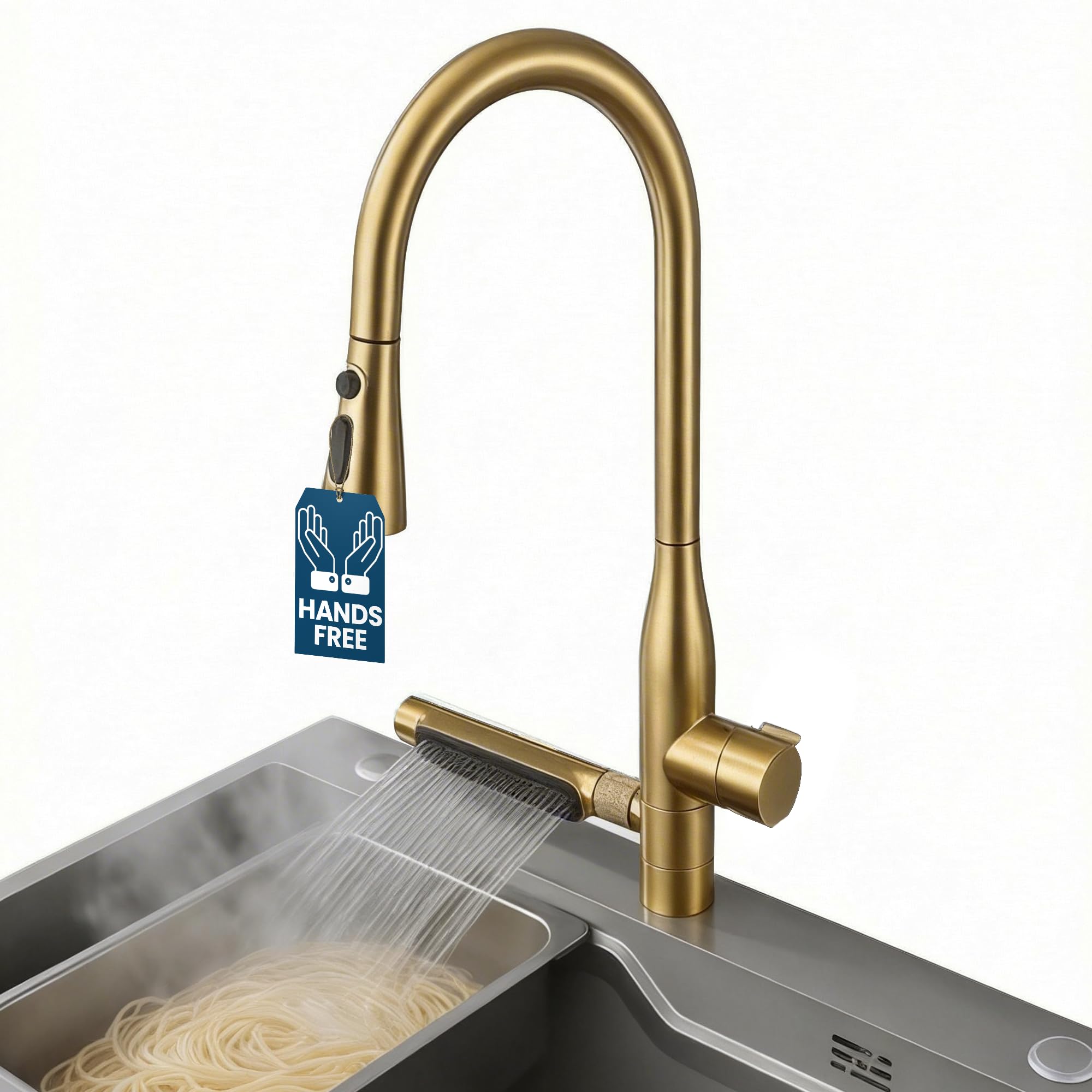 View 1 of [Scratches on faucet] STiLWERK Waterfall Kitchen Faucet with Pull-Down Sprayer – Champagne Gold