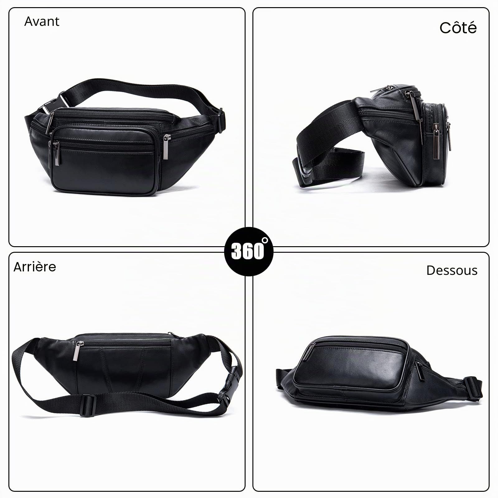 FANDARE Rétro Sac Banane Sac à la Taille Ceinture de Course Homme Femme Sac Poitrine Cuir Sac Bandoulière Sacoche Sac d'Epaule pour Voyage Sports Travers Cyclisme Moto Imperméable Sling Bag Noir B