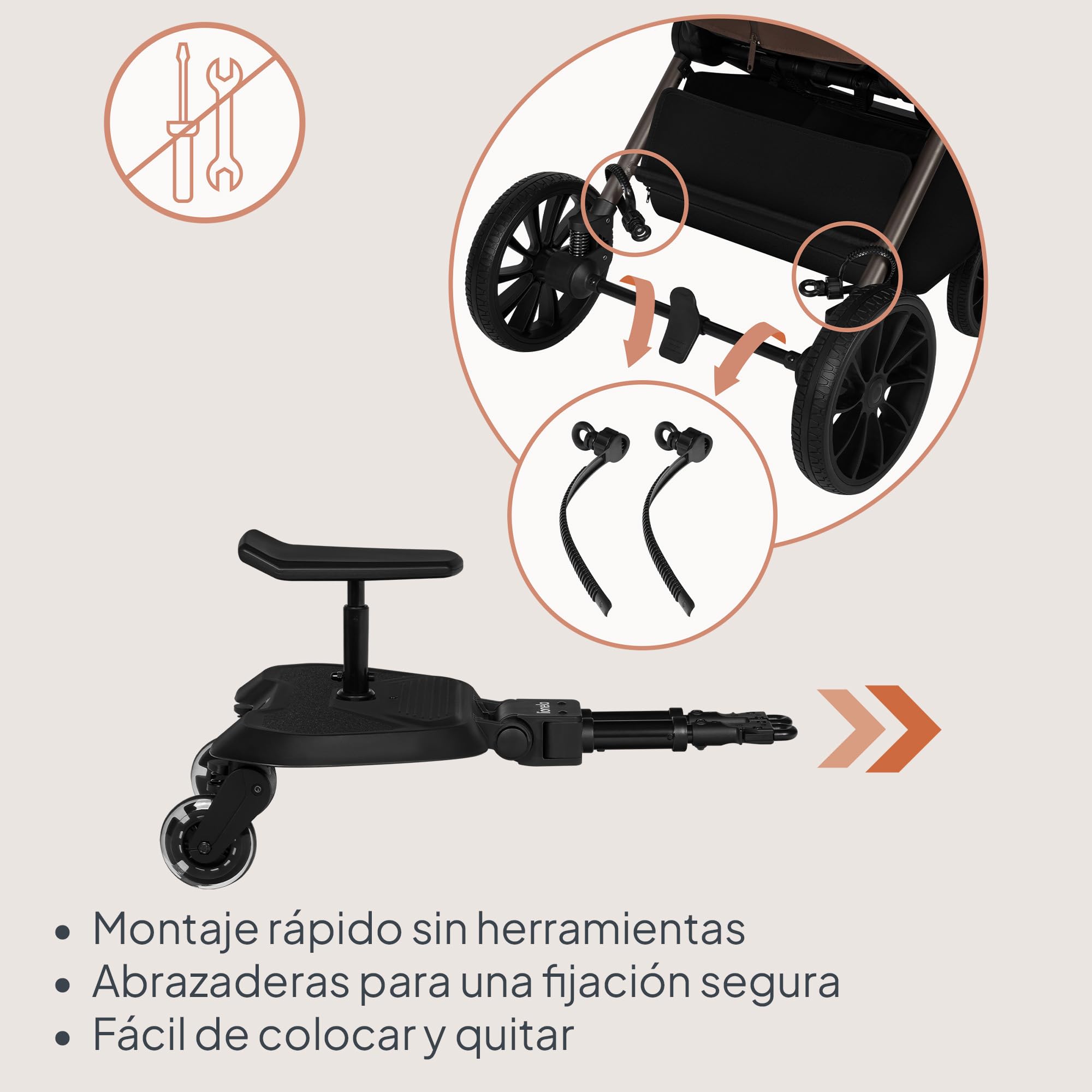 LIONELO Buggy Board Patín Carro Bebé Universal Asiento Desmontable, Reposapiés Universal, Niños de 2 a 5 años, Capacidad de 25 kg, Suspensión, Ruedas LED