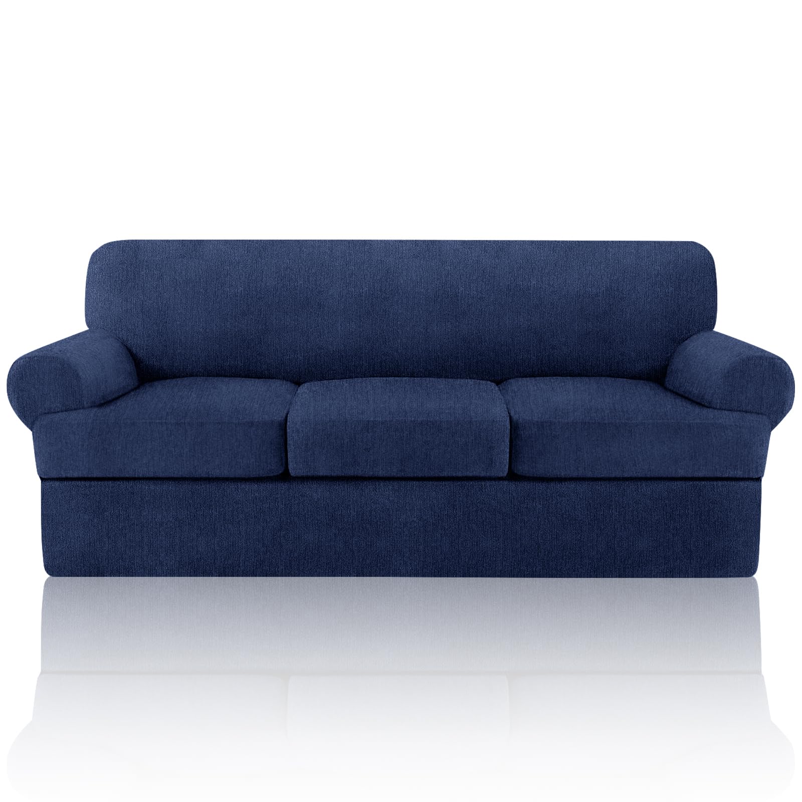 4 piece t cushion sofa slipcovers stretch couch slip cover for 3 cushion couch sofa, machine washable for living room (navy, 3 cushions)