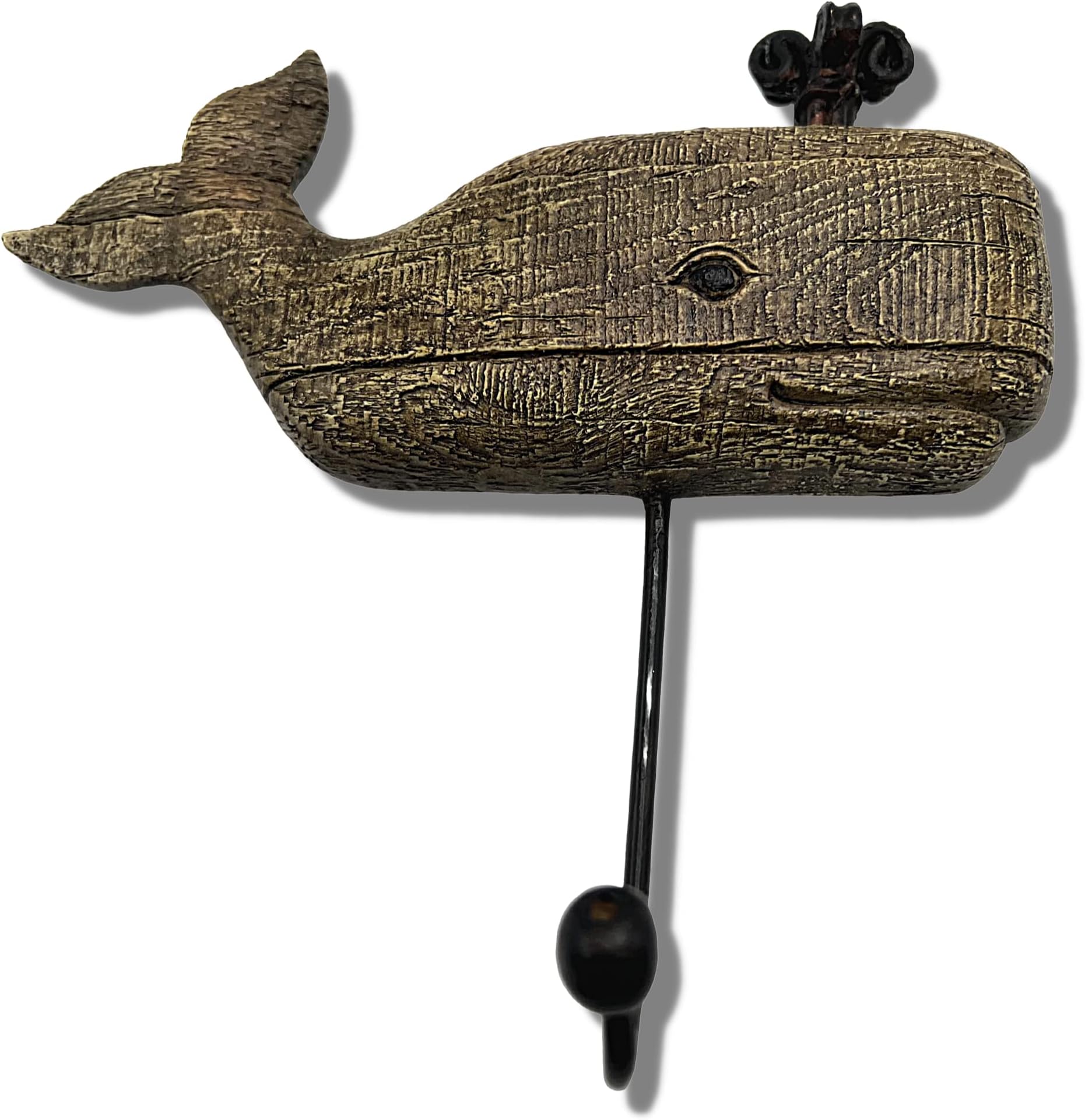 Resin Faux Wood Nautical Whale Towel Hook, Wall Mounted Hooks for Hanging Towels, Coats, Keys and More, Rustic Coastal Bathroom Decor for Beach Houses, 6.5 Inches