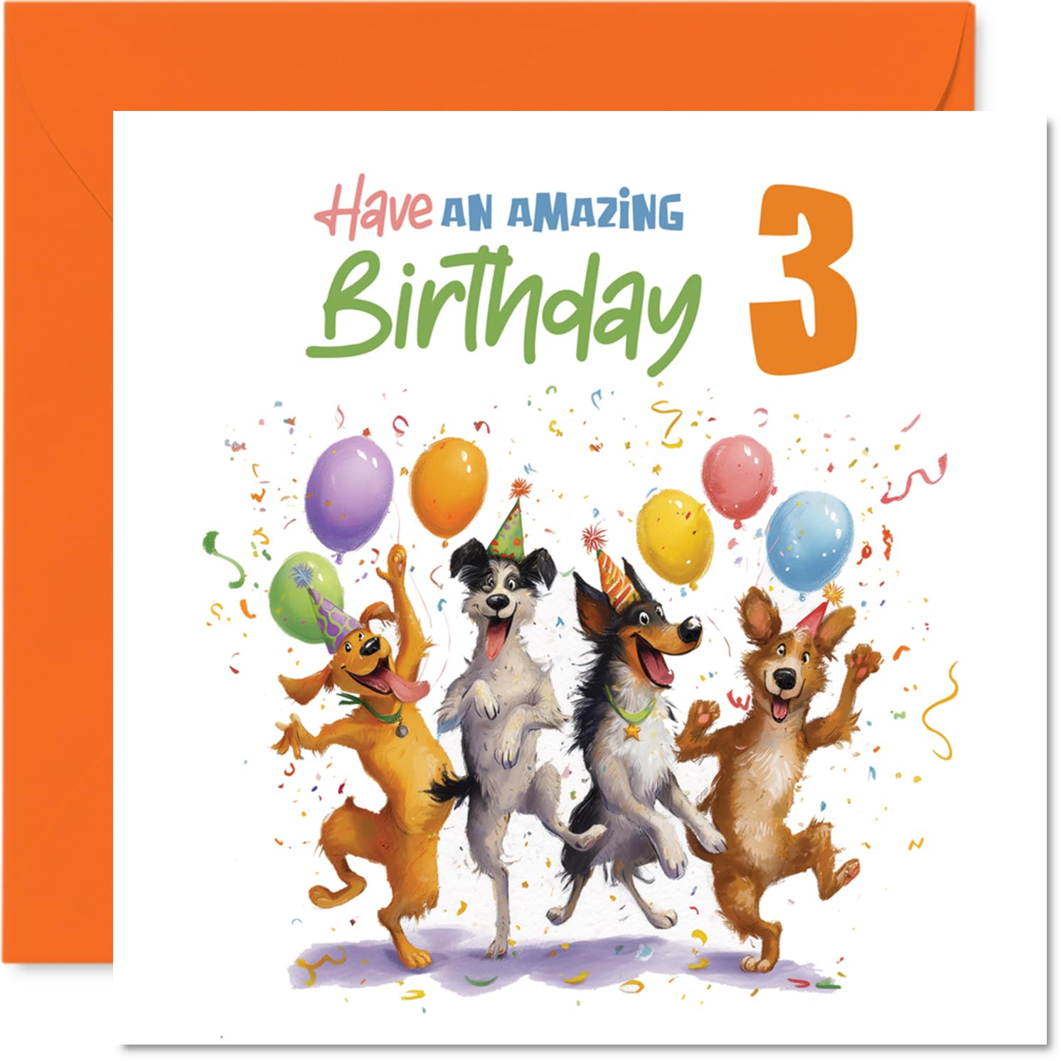 Playful 3rd Birthday Card - Bursting with Birthday Fun - Four Cheeky Dogs, Balloons and Confetti - Guaranteed to Get Little Ones Grinning - 145mm Square, Envelope Included