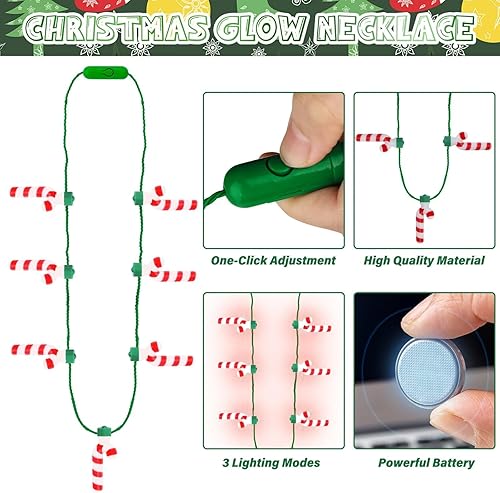Miniatura 2 de Collar de Navidad iluminado, 4 piezas de collar de Navidad con bastón de caramelo brillante para mujeres y hombres, collar de luz 3D con 7 colgantes