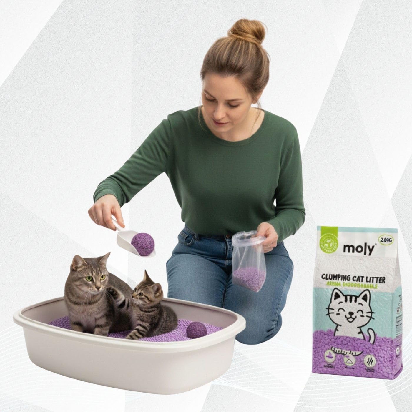MOLY X6 Litière pour chats tofu et lavande 16,8 kg 22,2 l | Sable biodégradable et agglomérant haute absorption avec arôme de lavande et de talc | Contrôle total des odeurs | Sans poussière | Litière