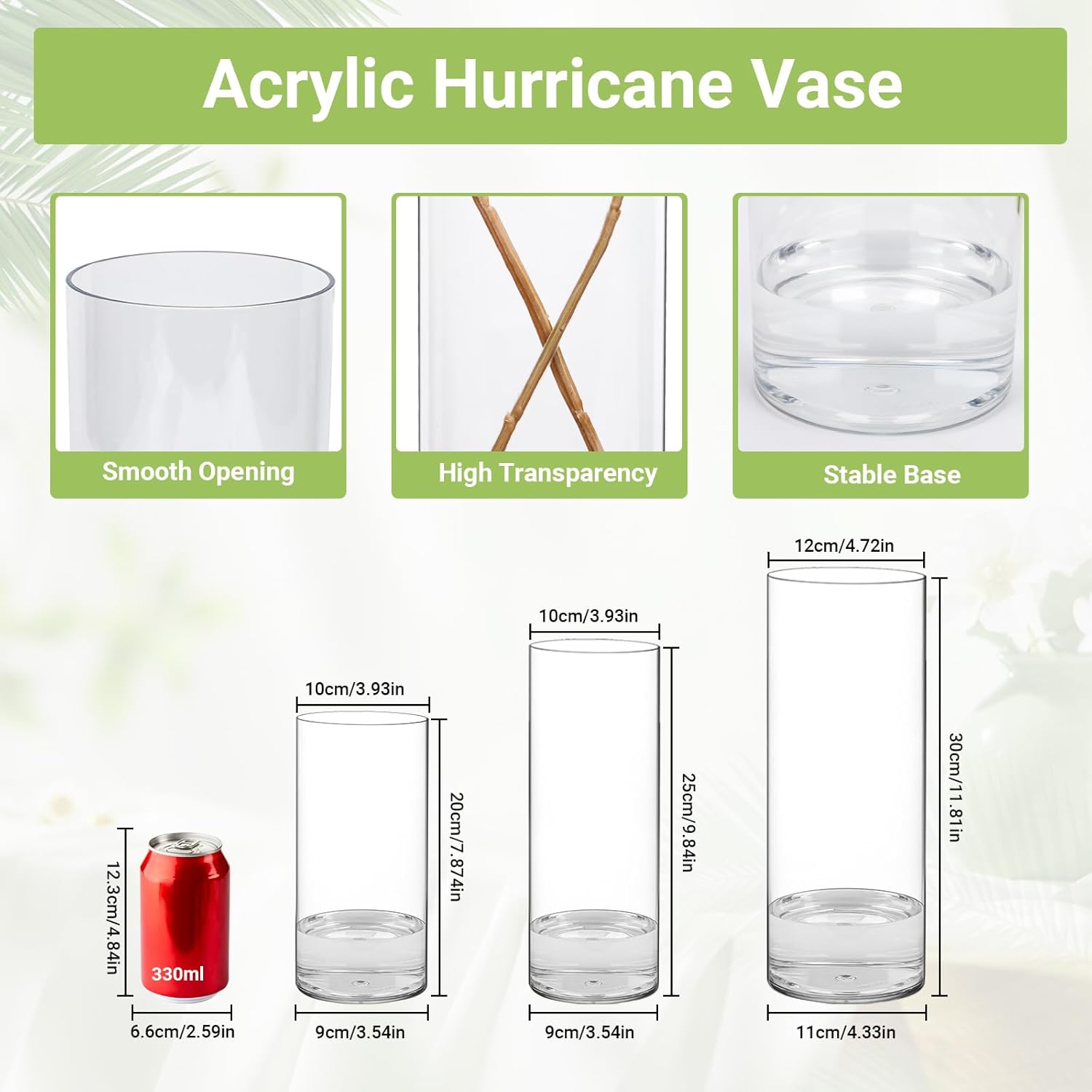 SUREAM 3 Packs Cylinder Vases for Centerpieces, 7.8/9.8/11.8 Inch Tall Clear Cylinder Candle Holder for Weeding, Non-Breakable Flower Vase for Dinner Table Party Living Room Office Bedroom Decor