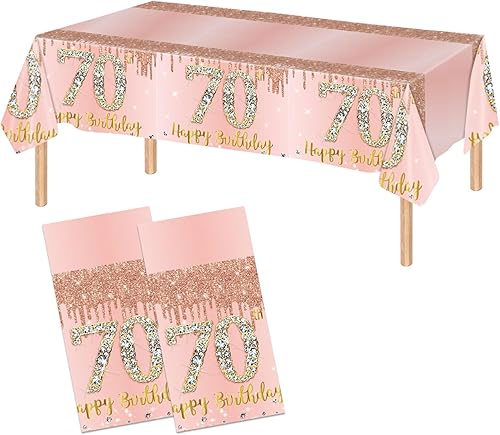 Paquete de 2 manteles de 70. cumpleaños color rosa dorado rosa para cumpleaños n. 70, decoraciones de feliz cumpleaños 70 para mujeres, de plástico,