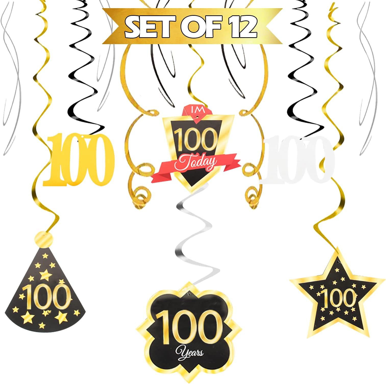 LINGTEER Happy 100th Birthday Swirls Streamers - Cheers to 100th Birthday 100 Years Old Bday Party Hanging Decorations.