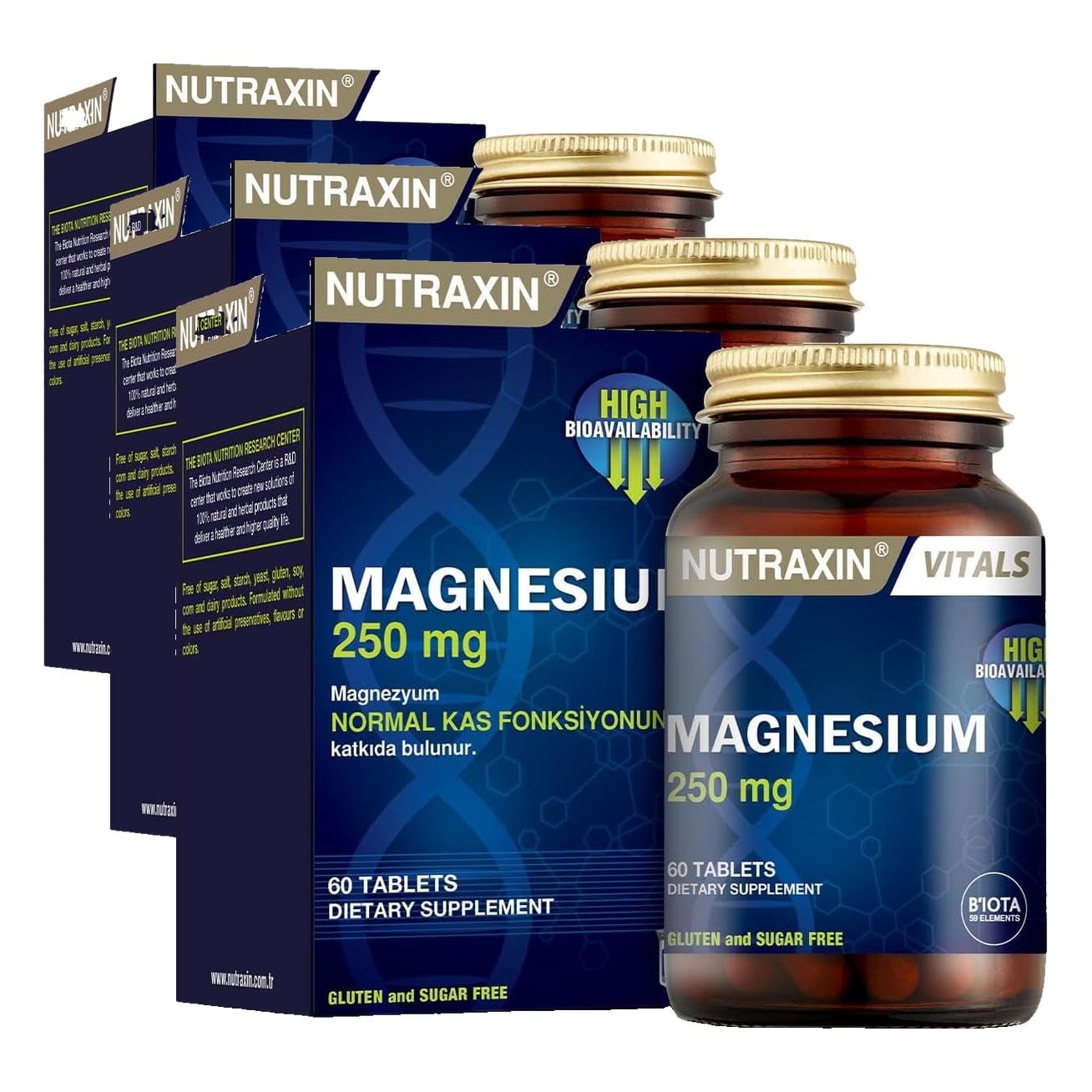 Nutraxin Vitals Magnesium 250 mg 60 Tablet Takviye Edici Gıda (3 paketi)