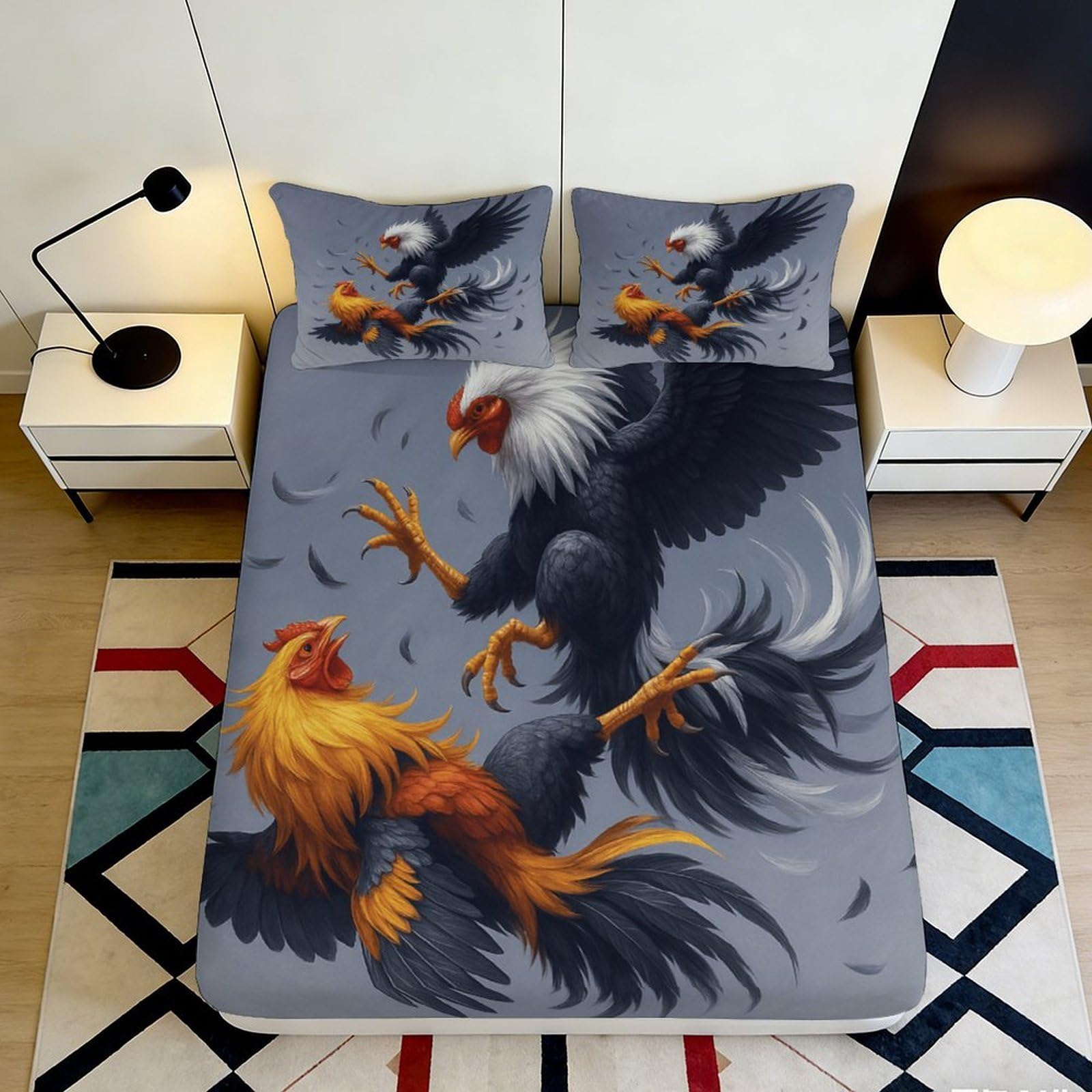 3D Printed Fighting Roosters Fitted Sheet Microfiber Durable Soft 3D Printed Eagle and Rooster Mattress Cover for Bedroom Dormitory Guest Room 120x200x25cm