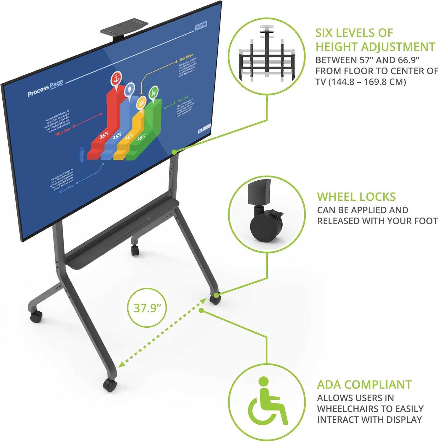 Kanto MTP100 Heavy Duty Height Adjustable Rolling TV Stand / AV Cart for 55" - 100" Screens up to 200 lbs (90.9kg)| Tray & Camera Shelf | VESA sizes from 200x200 to 900x600