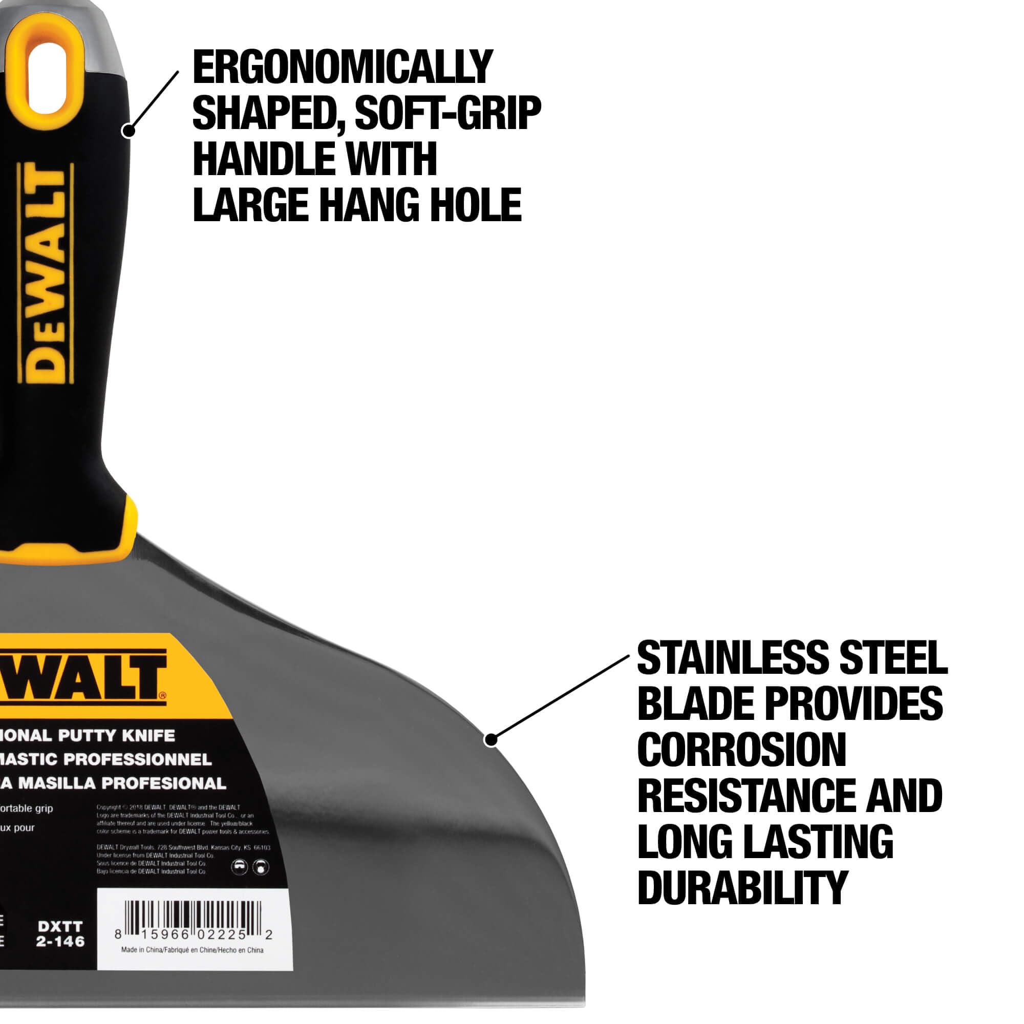 DEWALT Cuchillo de masilla de 25,4 cm | Acero inoxidable con mango de agarre suave | DXTT-2-146