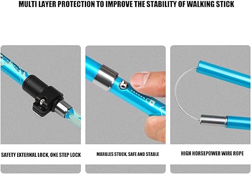 Miniatura 8 de Bastón de senderismo duradero y ligero, telescópico plegable de aleación de aluminio para hombres y mujeres, bastón multifuncional al aire libre con