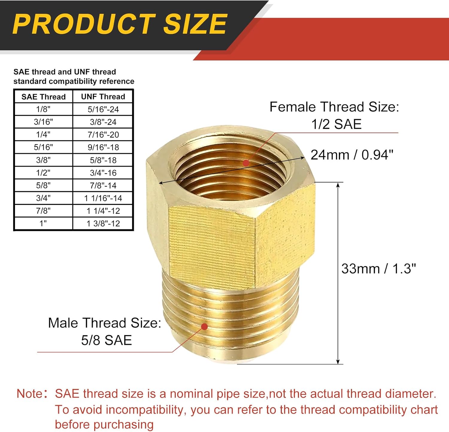 uxcell Brass Pipe Fitting, 5/8 SAE Male x 1/2 SAE Female Pipe Adapter Flare Tube Fitting for Air Gas Line Refrigeration HVAC