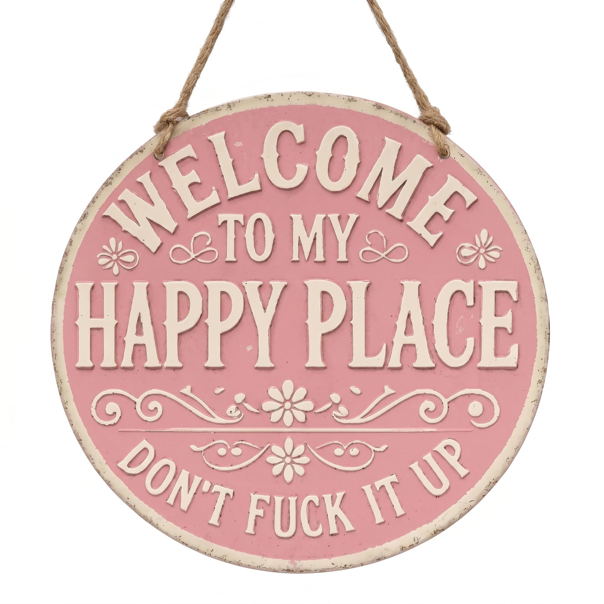 This Is My Happy Place Sign, Pink Round Metal Signs with Hemp Rope, Funny Signs & Plaques for Garden, Courtyard and Balcony, Garden Hanging Ornaments Gift for Friends, Colleagues and Neighbors