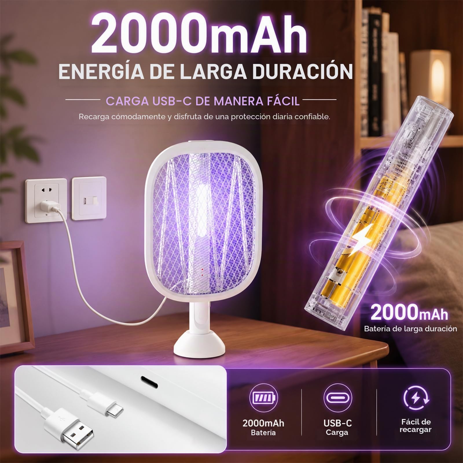Raqueta Mosquitos Eléctrica Recargable USB-C (Pack de 2), 5000V Matamoscas Eléctrico 2 en 1 con Luz Nocturna, Cabezal Plegable 180° y Mango Telescópico 61-72 cm, 2000mAh, Mata Mosquitos para Interior