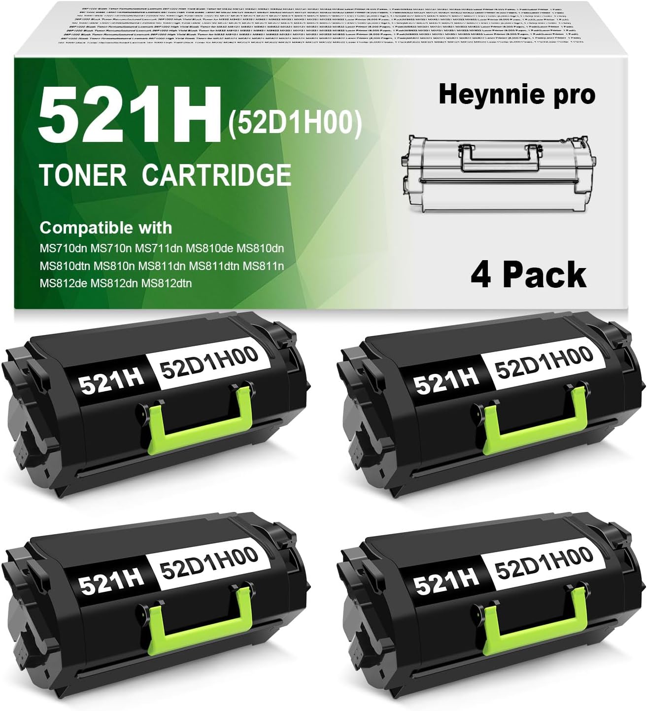 Remanufactured 521H 52D1H00 High Capacity Toner Cartridge Set Replacement for Lexmark 521 H 52D1H00 for MS710 MS711 MS810 MS811 MS812 MX710 MX711 MX810 MX811 MX812 MS810n MS810dn MS811dn Printers 4P