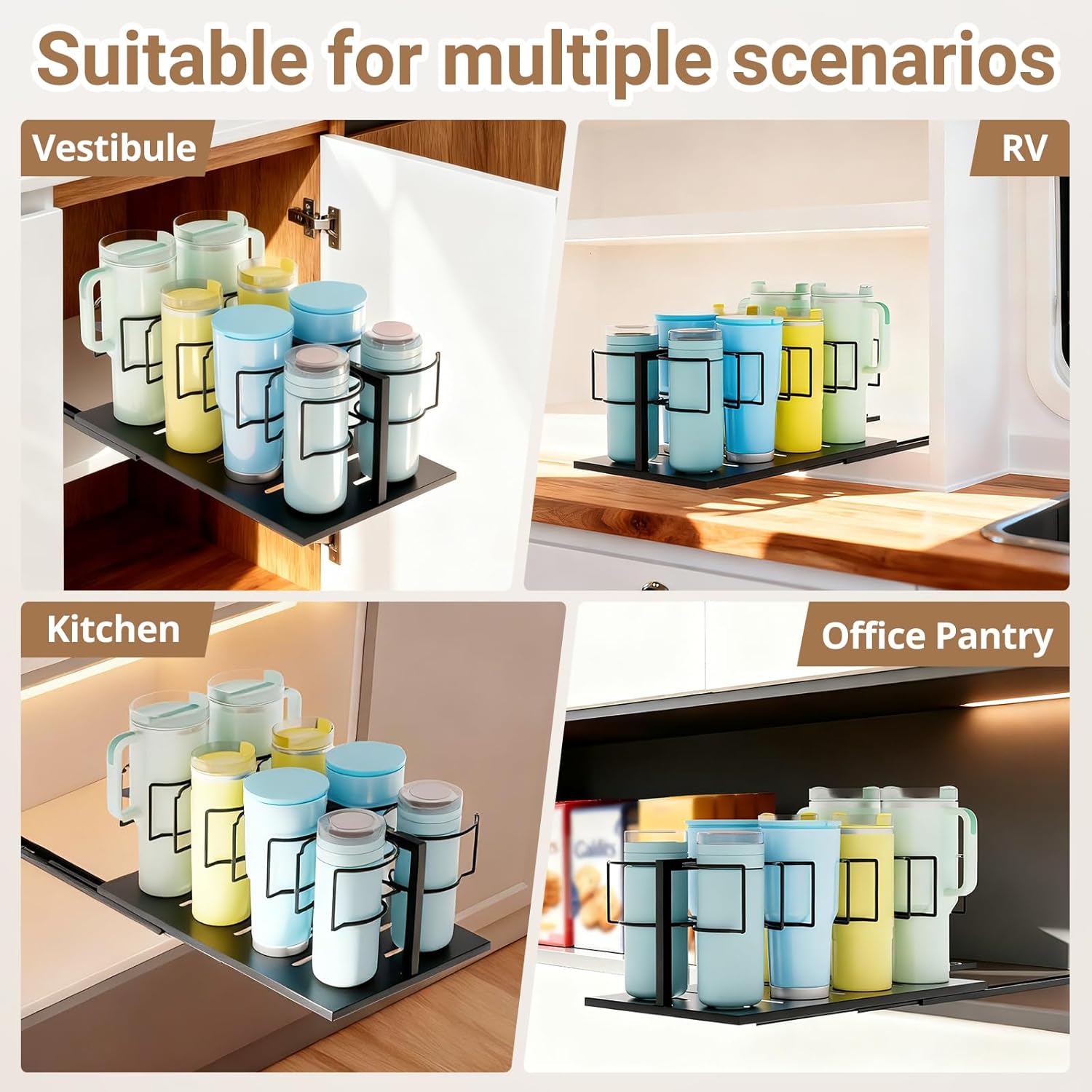 Vei mia Pull Out Water Bottle Organizer and Storage, Carbon Steel Pull-Out Cup Organzier Holder for 10 to 40 oz Cups, Punch-Free Sliding Tumbler Organizer for Kitchen Cabinets, Black