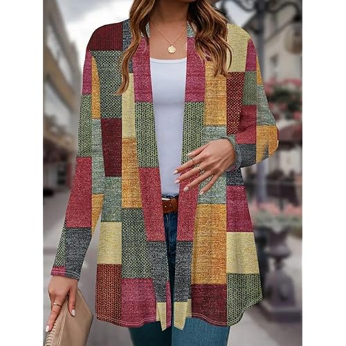Women's Casual Plus Size Cardigans Color Block Soft Knit Cardigan Top Fall Fashion Outfits Clothes