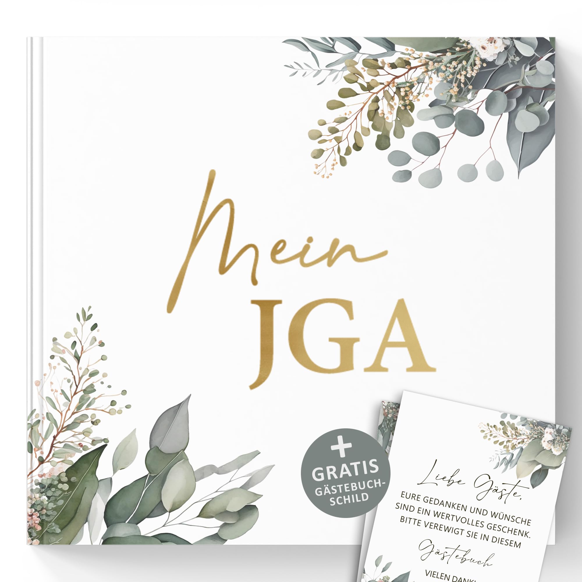Trendanchor Mein JGA Erinnerungsbuch - Gästebuch für Glückwünsche und Fotos - Hardcover mit Eukalyptus-Design & Goldprägung - Vintage-Stil für Brautparty