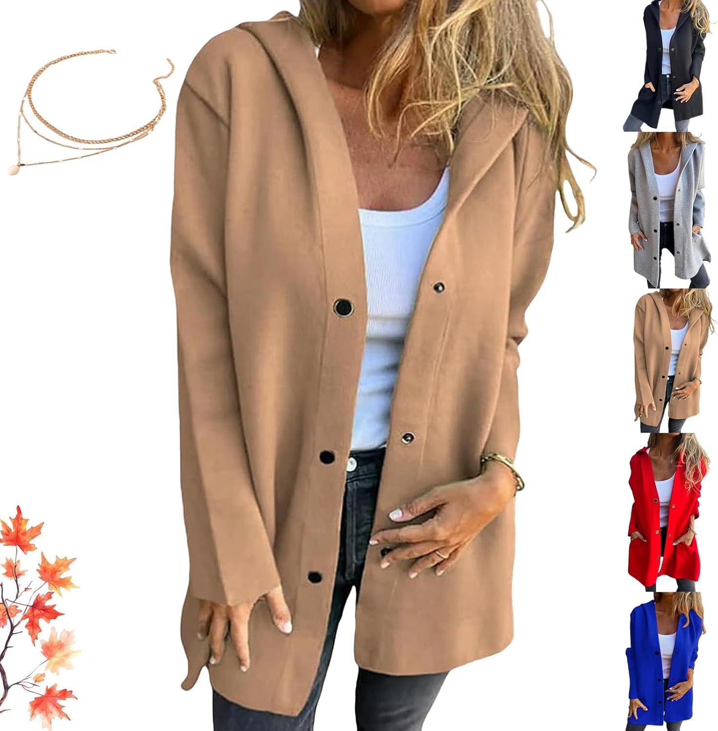 RJDJ Casual Single Breasted Hooded Jacket, Mid-Long Lightweight Long Sleeve Button Up Open Front Trench Coat with Pockets