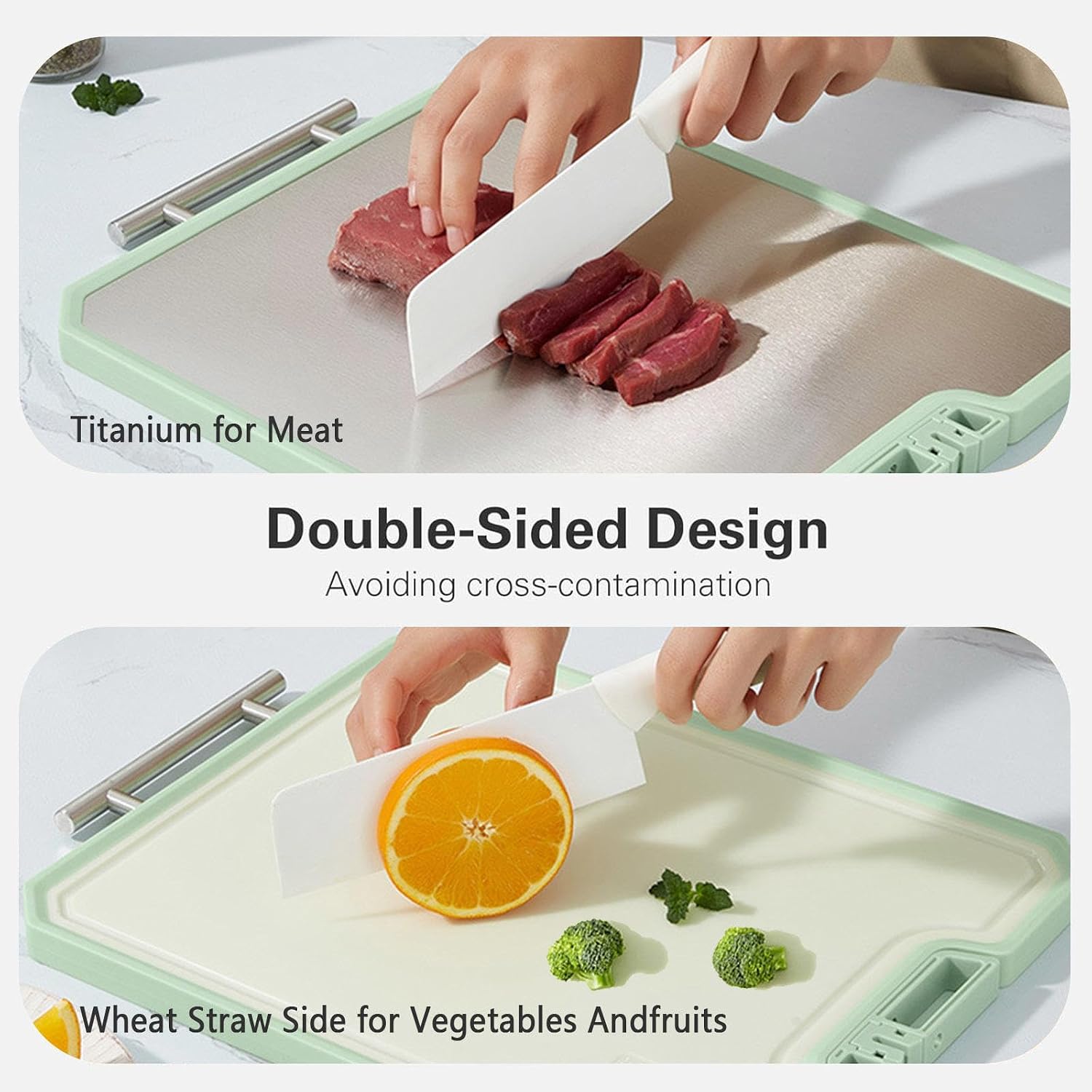 Titanium Cutting Board Double-Sided Titanium/Wheat Straw, Large Size 15.7in×12in, Cutting Board Dishwasher Safe with Handle and Stand Design