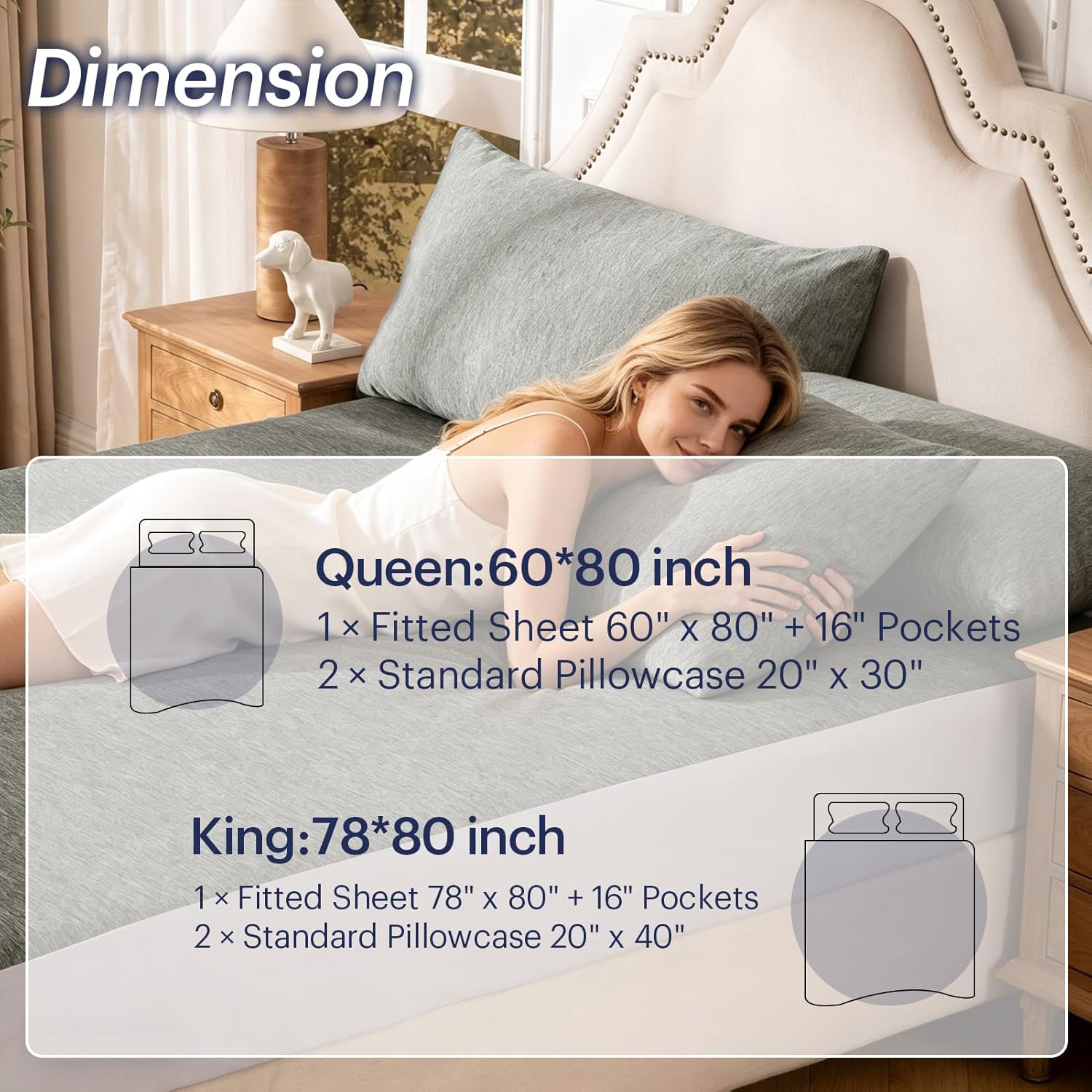 OMERAI Queen Sheet Set, 3 Piece Bed Sheets for Hot Sleeper, Breathable & Cooling, Includes 1 Fitted Sheet and 2 Pillowcases, Grey