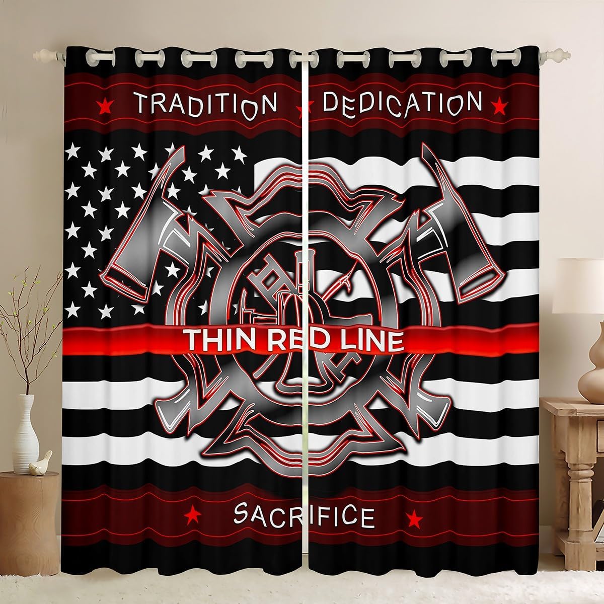 Castle Fairy Fireman Logo Window Blackout Curtains,American Flag Curtain,Firefighter Fire Sign Window Drapes for Kid Teens Boys Young Man,Modern Bedroom Decorative,Red Curtain,42Wx84L