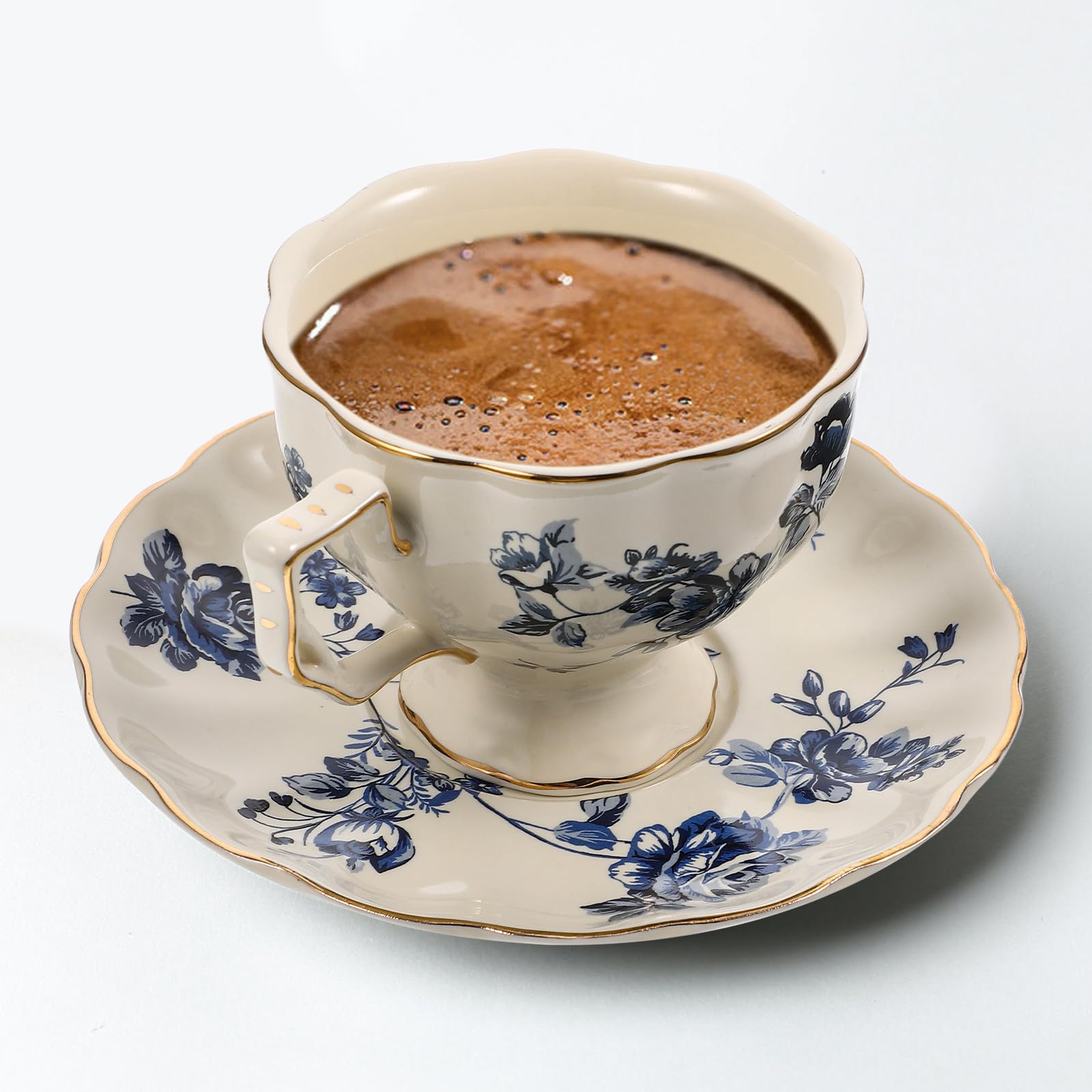Beavorty Vintage Keramiktasse mit Unterteller Milchtasse und Wasserbecher Blaues Florales Muster 1 Satz für Frühstück und Kaffeepause