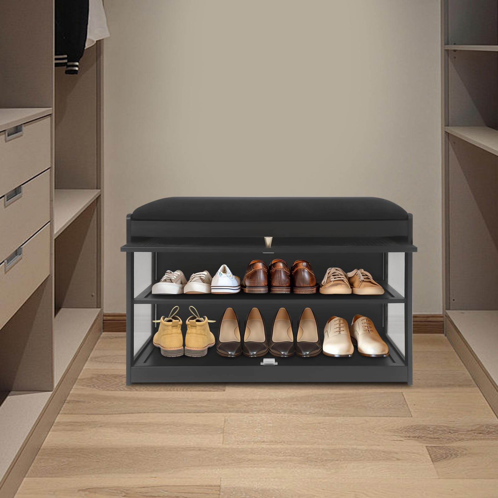 Zapatero con banco y cojín, banco para zapatos con 2 estantes, almacenamiento de zapatos, banco zapatero con espacio de almacenamiento, banco para zapatos con puerta de acrílico transparente, banco