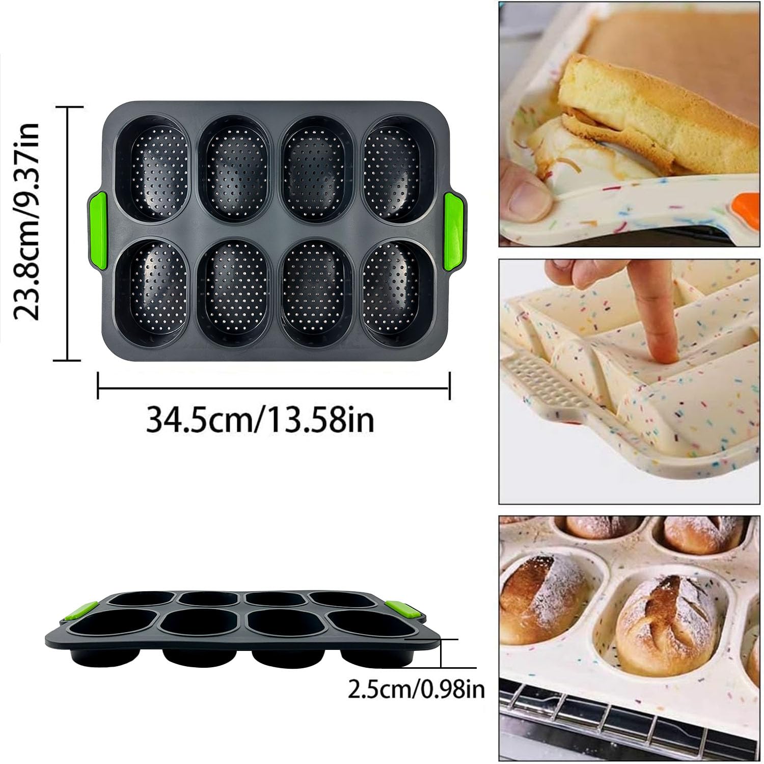 Mini bagietka do pieczenia bułek, forma do pieczenia bułek, nieprzywierająca, silikonowa forma do bagietek, tacka na chrupnięcie chleba, 8 sztuk (ciemnoszara)
