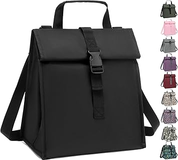 Insulated Lunch Bag with Roll-Top Closure, Adjustable Shoulder Strap, Black, Multiple Colours Available (SQ)