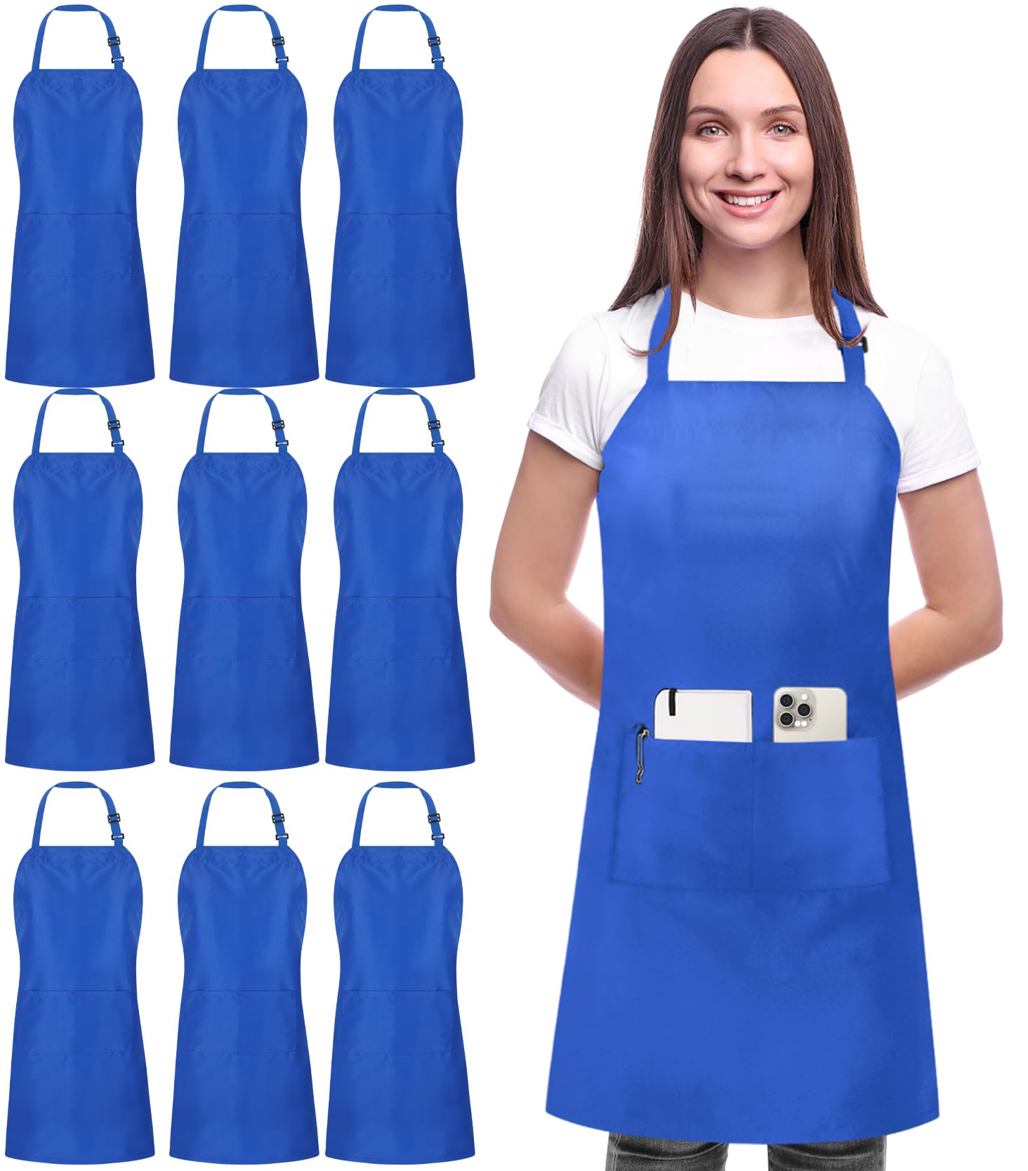 Utopia Kitchen 10 Pack Adjustable Bib Apron with 2 Pockets (Blue)