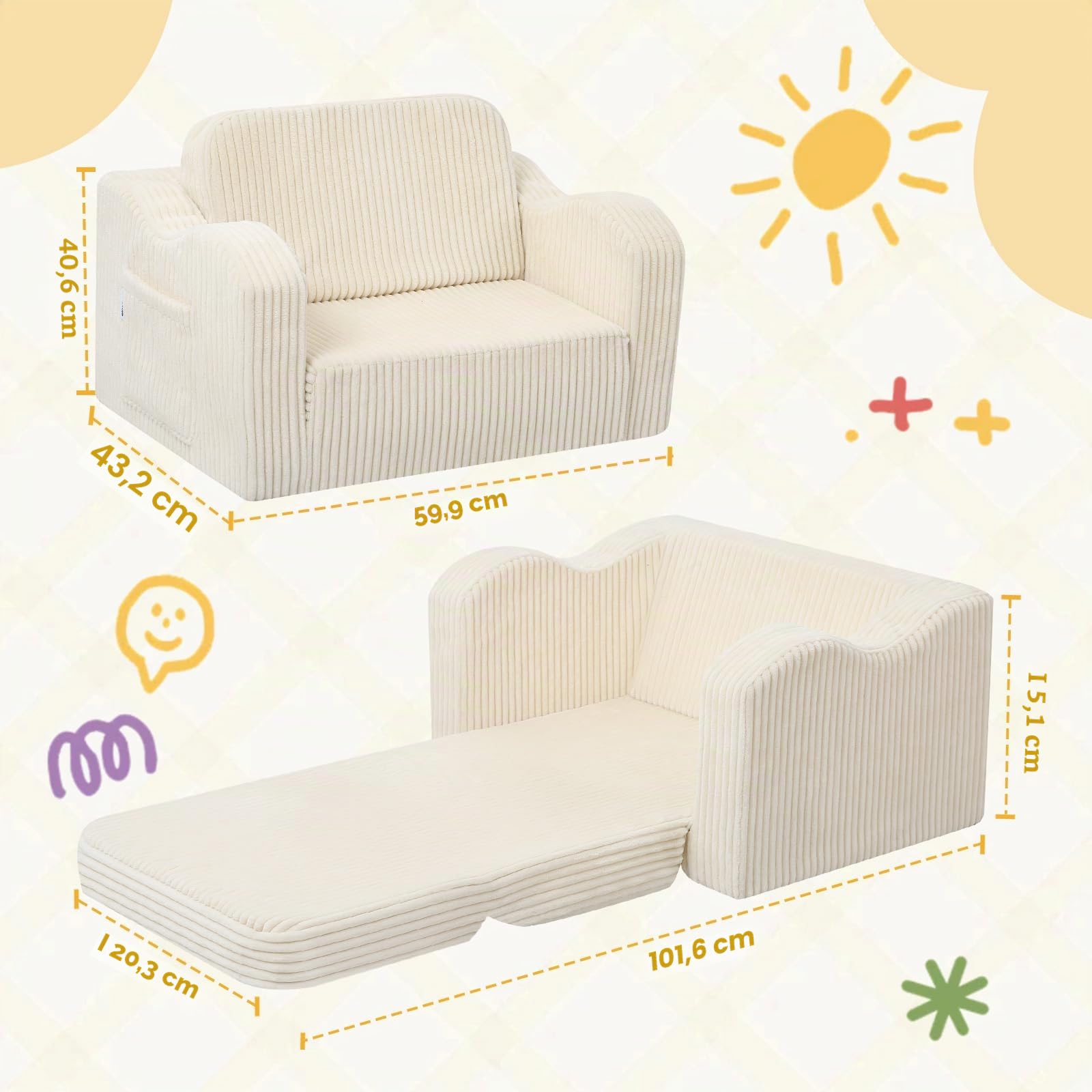 MeMoreCool Canapé enfant en velours côtelé, fauteuil pliant pour tout-petit, canapé-lit pliant pour enfant pour la salle de jeux, confortable canapé-lit convertible pour bébé pour filles et garçons
