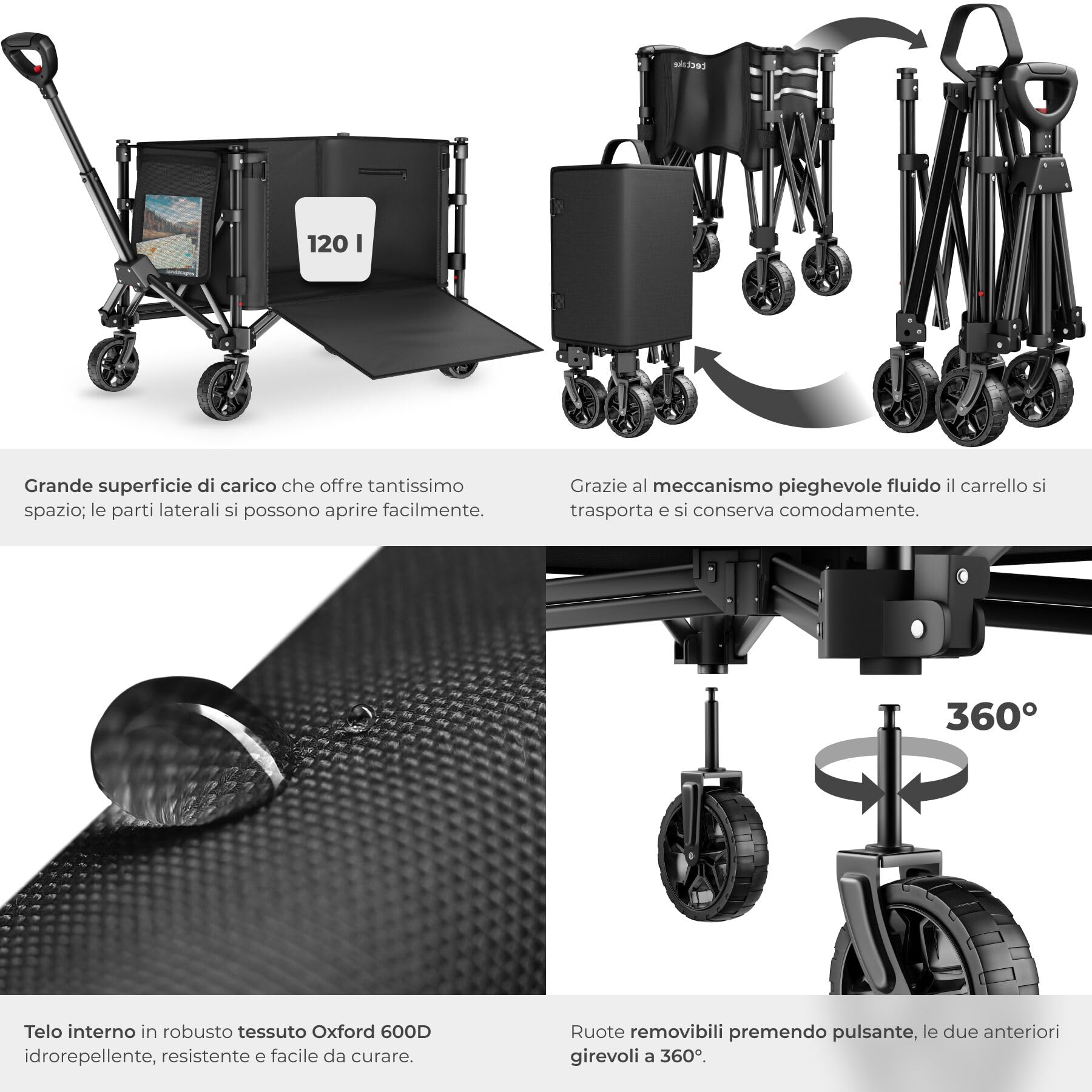 tectake®, Carrello con Ruote Portatutto a mano pieghevole, 120 L portata max 60 kg in acciaio, Carrellino con Ruote Portatutto, trolley con manico, ruote girevoli con freno, carrello spesa, campeggio
