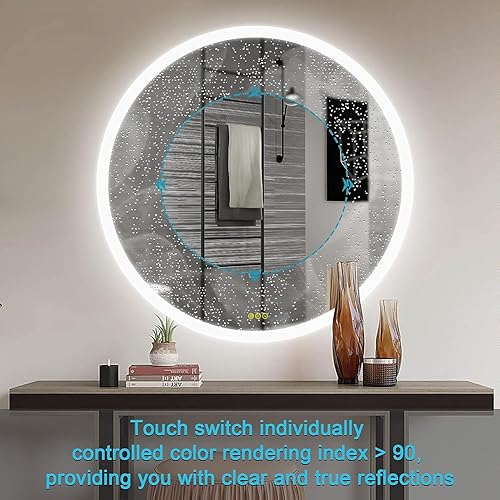 Miniatura 5 de OKISS Espejo de baño redondo iluminado de 24 pulgadas con luces, espejo LED antivaho inteligente para baño, espejo con luz regulable de 3 colores