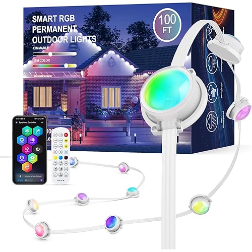 JOH Permanent Outdoor Lights, 100FT with RGB+IC Smart LED Outdoor Lights for House, App & Remote Control, DIY Scene Modes, IP67 Waterproof Christmas Light, Holiday, Party, Halloween Decorations